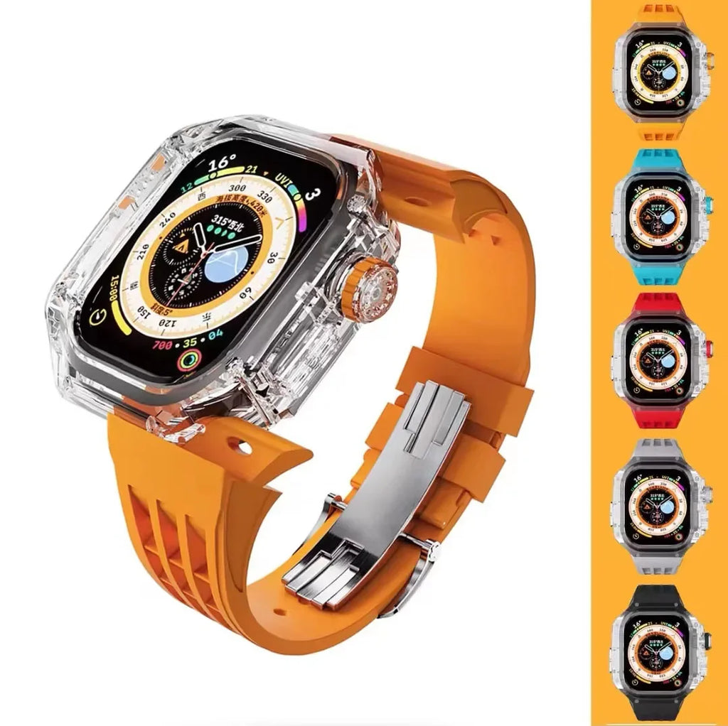 Transparent Luxury Case for Apple Watch Ultra 49mm 45mm 44mm , Stainless Steel Buckle band for Apple Watch 8 7 6 5 4 DIY Modification