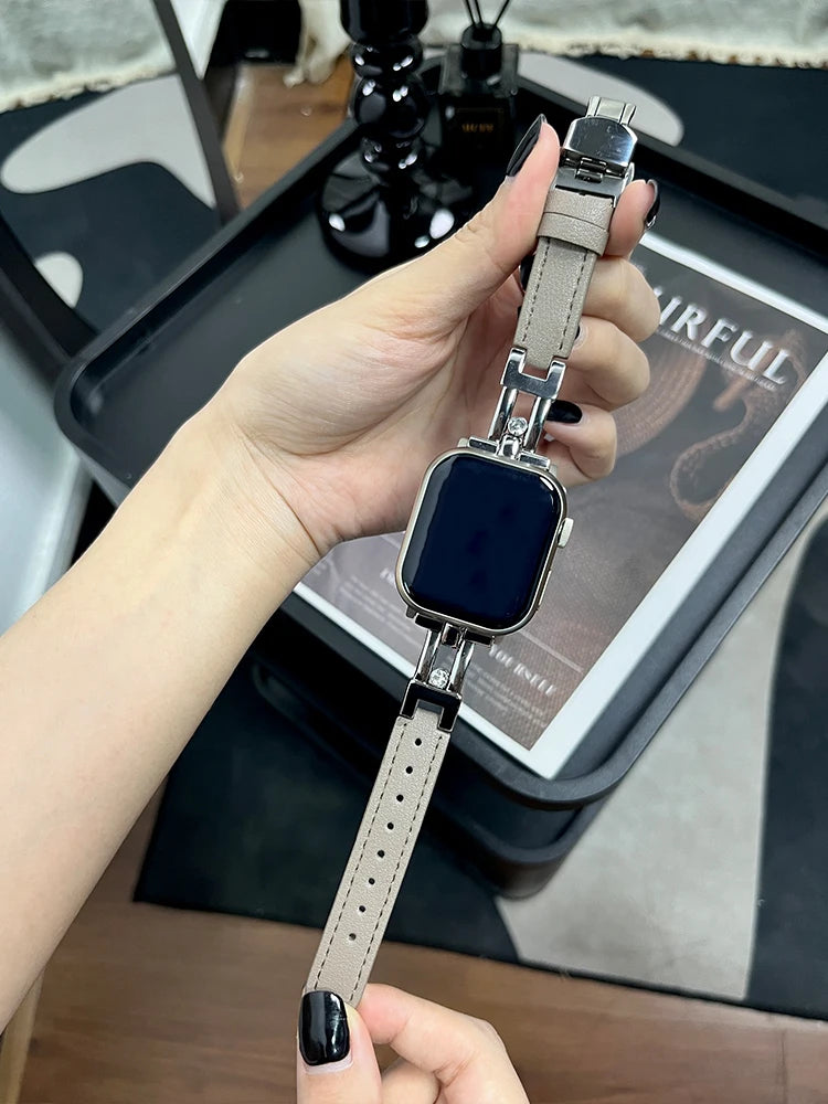 Luxury Leather band For Apple Watch Ultra 10 9 8 7 6 SE 5 4 Slim metal band For Apple Watch 38mm 40mm 42mm 44mm 45mm 46mm 49mm