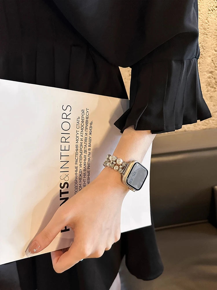 Luxury Diamond band For Apple Watch Ultra 10 9 8 7 6 5 4 Woman Pearl band For Apple Watch 38mm 40mm 41mm 42mm 45mm 46mm 49mm