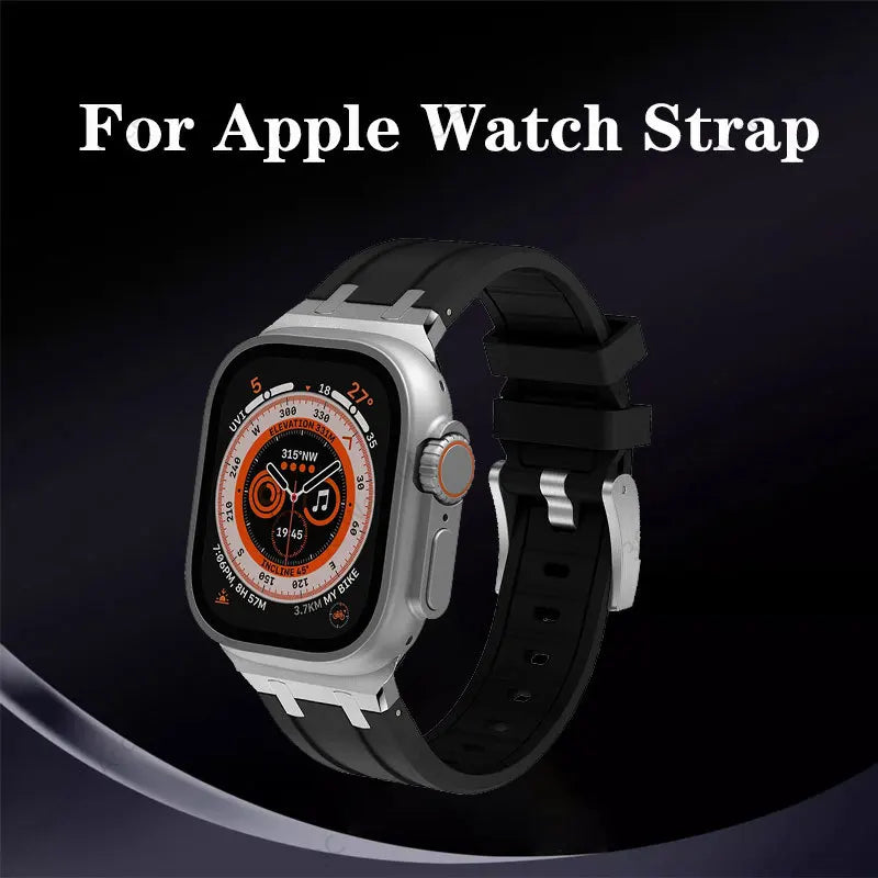 Titanium Color metal Head Silicone band for Apple Watch Ultra 2 49mm 45mm 44mm 42mm Rubber band for Apple Watch Series 9 8 7 6 5 4 SE 3