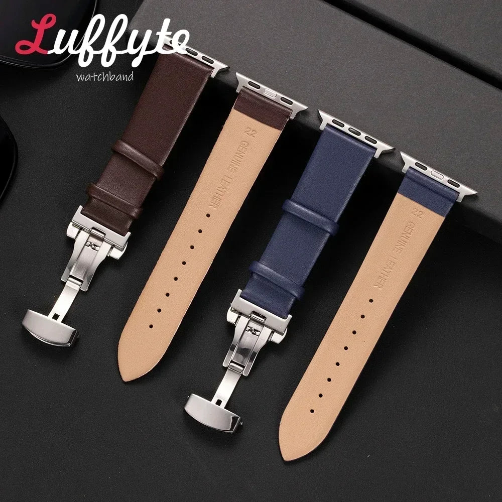 Ultra thin Leather band For Apple Watch 1 10 Ultra SE 2 WristBand with Butterfly Buckle For Apple Watch 38mm 40mm 41mm 42mm 44mm 45mm 46mm 4