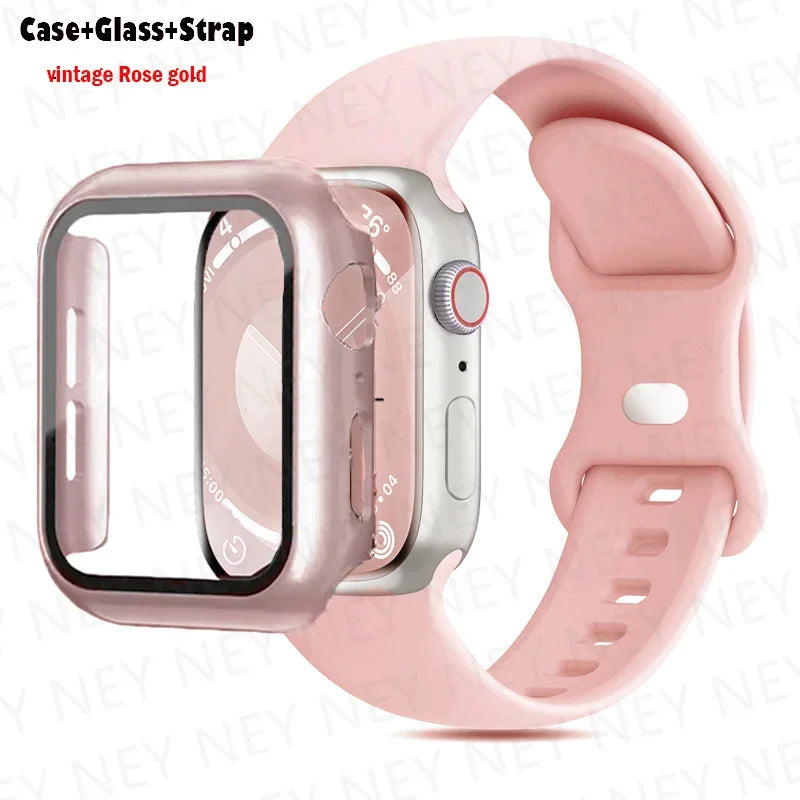 Glass+Case+band For Apple Watch band 44mm 40mm 45mm 41mm 38mm 42mm 44mm sport Silicone band Apple Watch Series 9 8 7 6 5 4 SE
