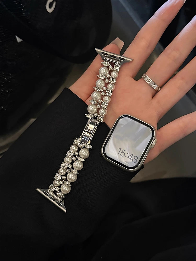 Luxury Diamond band For Apple Watch Ultra 10 9 8 7 6 5 4 Woman Pearl band For Apple Watch 38mm 40mm 41mm 42mm 45mm 46mm 49mm