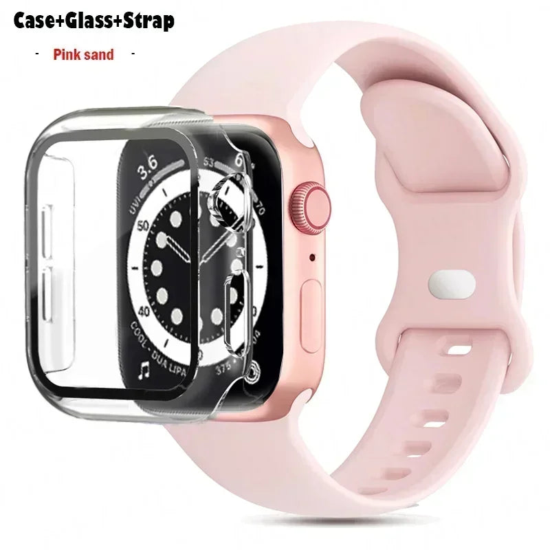 Glass+Case+band For Apple Watch band 41mm 44mm 38mm 42mm 45mm 40mm Silicone band Apple Watch serises 9 8 3 4 5 6 SE 7 watchbands