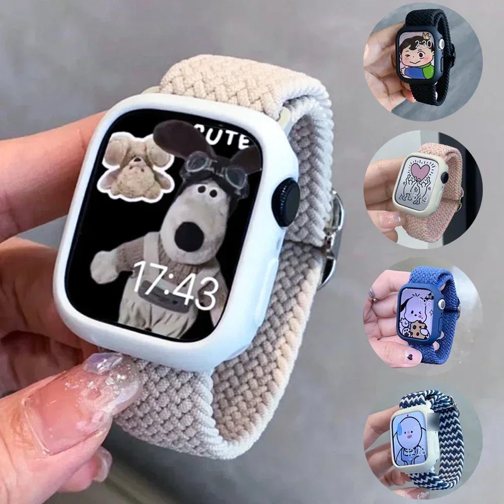 Korean Cute Braied band + Case For Apple Watch band 49mm 46mm 45mm 44mm 38mm 42mm Nylon band For Apple Watch Series 10 9 8 7 6 5 4 3 SE