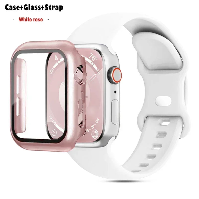 Glass+Case+band For Apple Watch band 41mm 44mm 38mm 42mm 45mm 40mm Silicone band Apple Watch serises 9 8 3 4 5 6 SE 7 watchbands