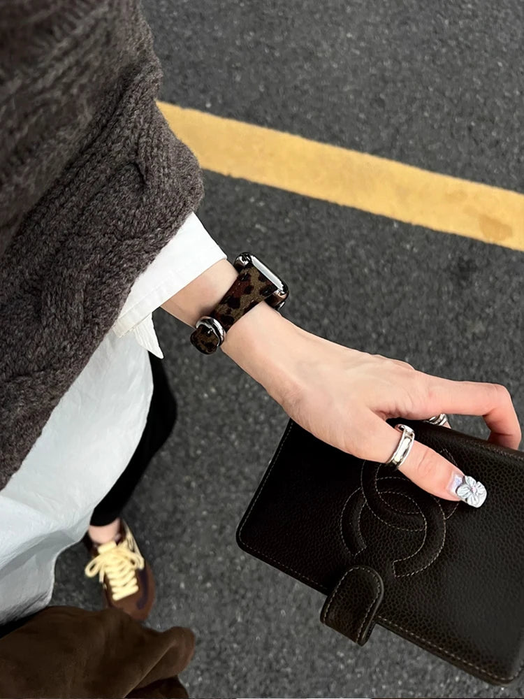 Retro Leather Leopard band For Apple Watch Ultra 10 9 8 7 6 5 SE 4 Girl Slim band For Apple Watch 41mm 40mm 38mm 49mm 42mm 45mm 46mm