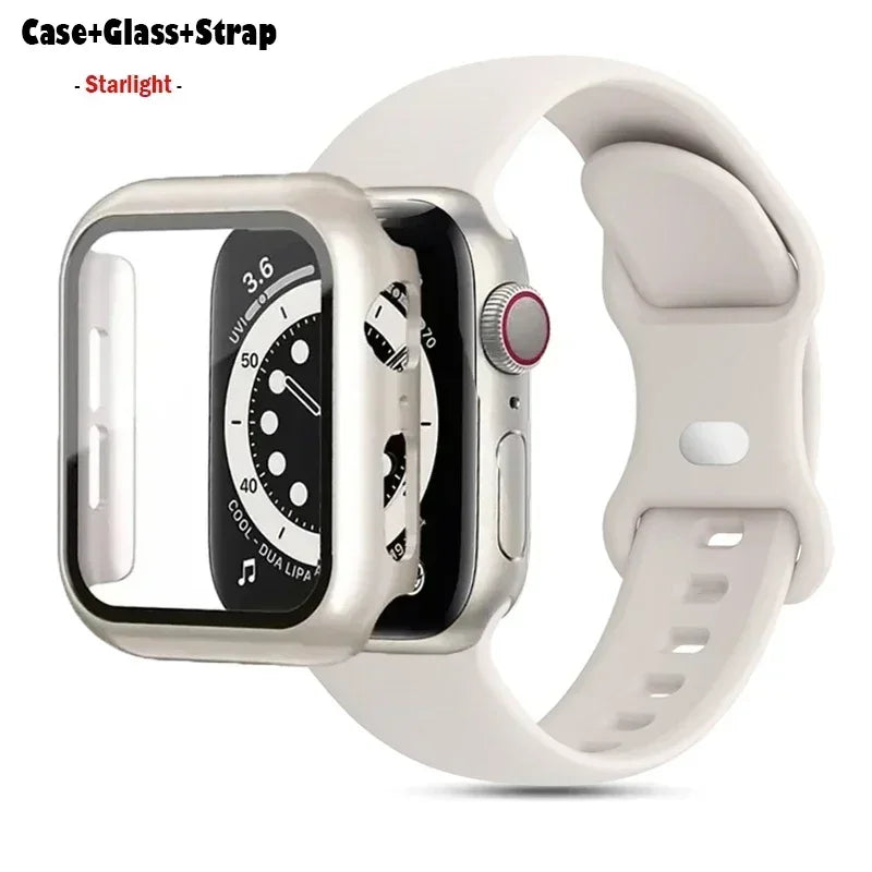 Glass+Case+band For Apple Watch band 41mm 44mm 38mm 42mm 45mm 40mm Silicone band Apple Watch serises 9 8 3 4 5 6 SE 7 watchbands