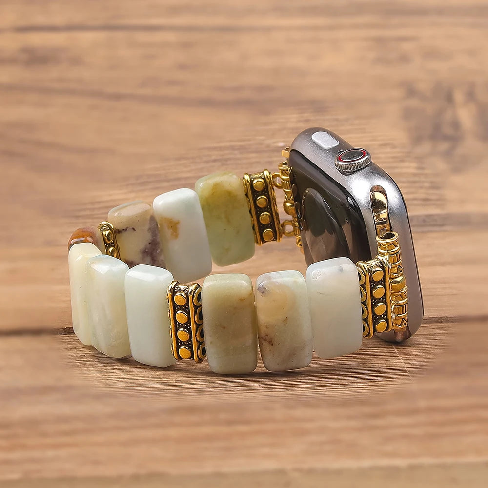 Beaded Natural Stone band Women Compatible For Apple Watch band Series Handmade Elastic Watch band Accessories