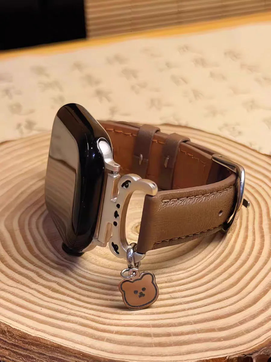 Metal Bear leather loop For Apple Watch band women 11 10 9 8 7 6 5 4 3 SE 38mm 40mm 41mm 42mm 44mm 45mm 46mm 49mm band