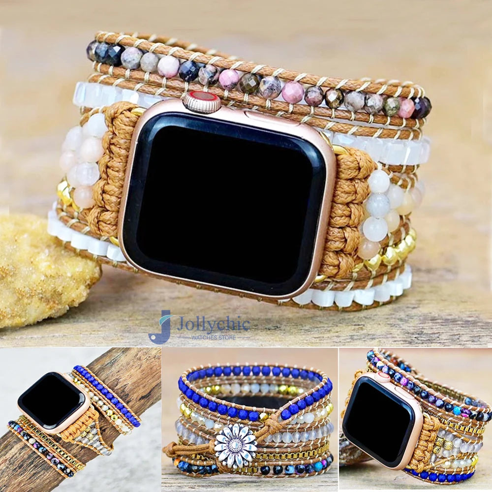 Bohemia Jewelry band for Apple Watch Series 7 38mm 40mm 42mm 44mm Handmade Vintage Natural beads braided band Apple Watch 6 SE 5 4 3