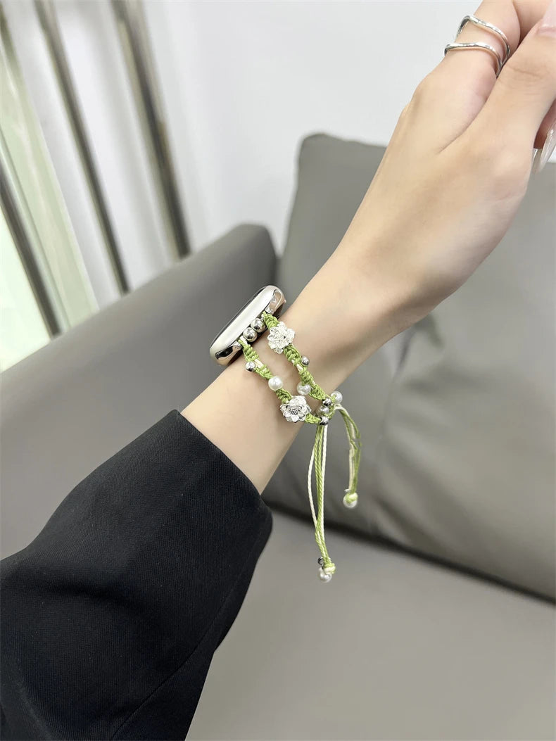 Ins Pearl Flowers band For Apple Watch Series 9 8 7 6 SE 4 5 45mm 44mm 42mm Woven Nylon band Apple Watch Ultra 2 49mm 40mm 38mm Woman