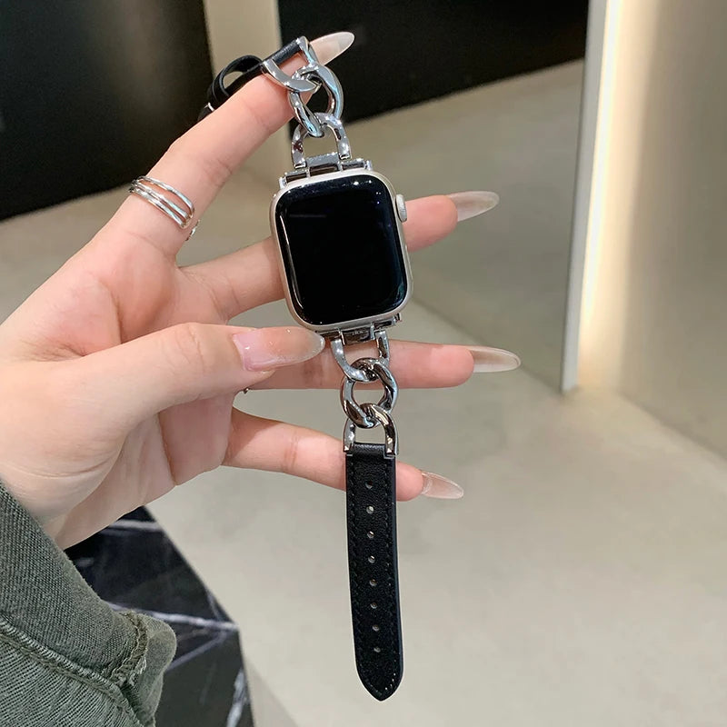 Leather band for Apple Watch 10 band 46mm 42mm 44mm 40mm 41mm 45mm Women Stainless Steel band Apple Watch Series 9 8 SE 7 6 Belt