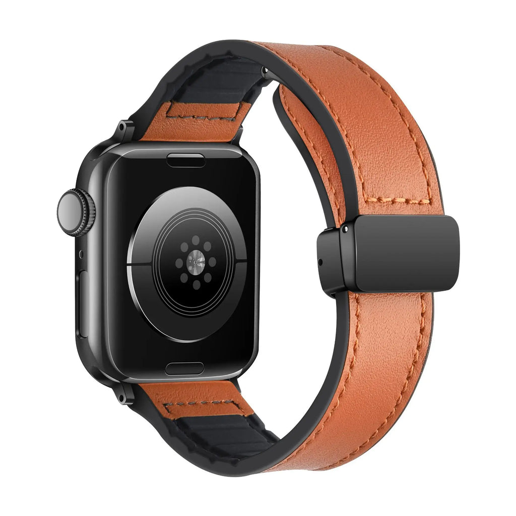 Magnetic band for Apple Watch band 44mm 40mm 45mm 41mm Genuine Leather+silicone band Apple Watch Series 10 9 8 7 SE Ultra 2 49mm