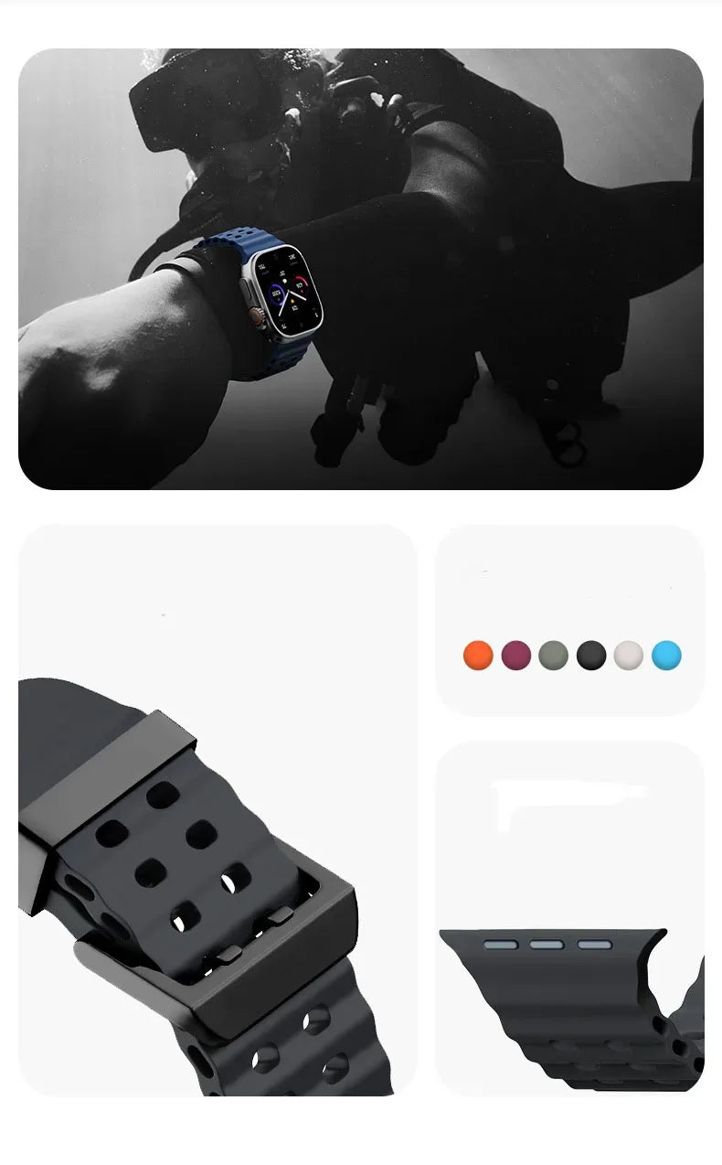 Metal Buckle+Ocean Silicone band For Apple Watch Ultra 3 2 1 49mm band wristband Apple Watch 11 10 46mm 9 8 7 45mm 6 5 SE 44mm