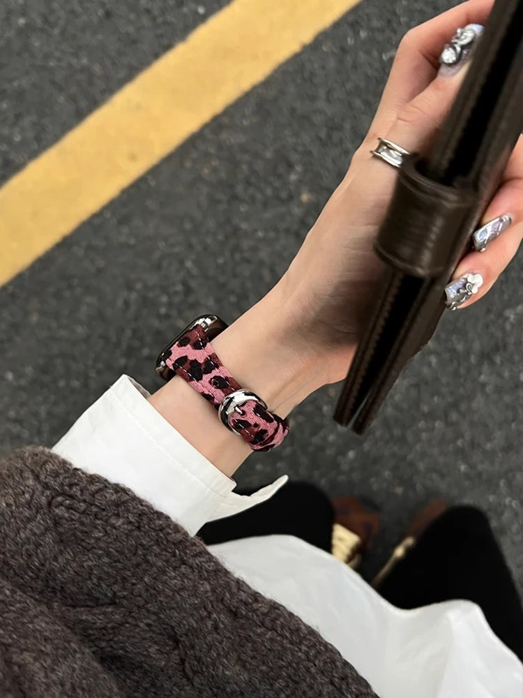 Retro Leather Leopard band For Apple Watch Ultra 10 9 8 7 6 5 SE 4 Girl Slim band For Apple Watch 41mm 40mm 38mm 49mm 42mm 45mm 46mm