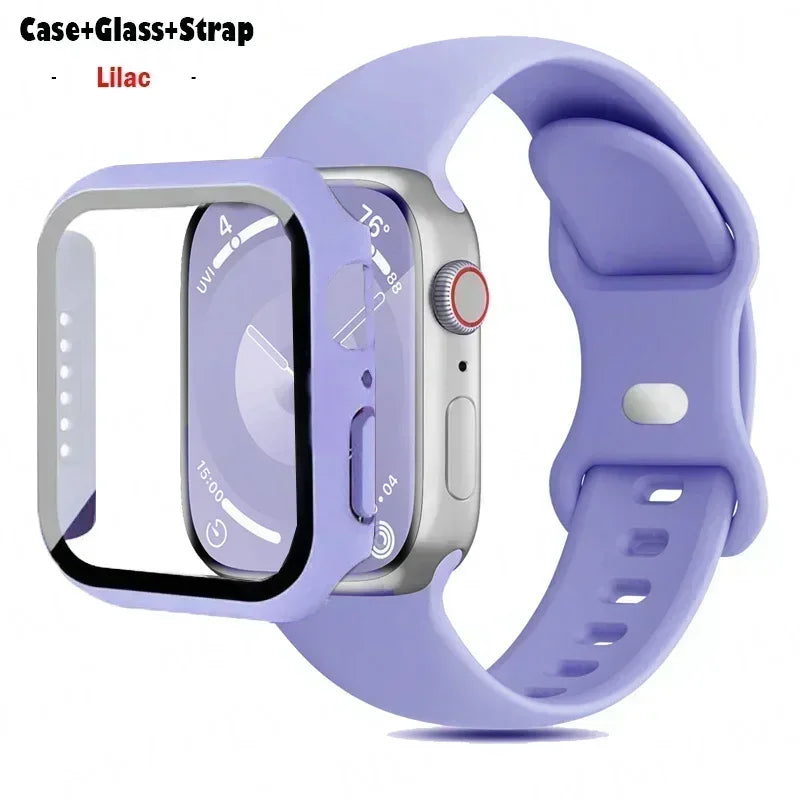Glass+Case+band For Apple Watch band 41mm 44mm 38mm 42mm 45mm 40mm Silicone band Apple Watch serises 9 8 3 4 5 6 SE 7 watchbands