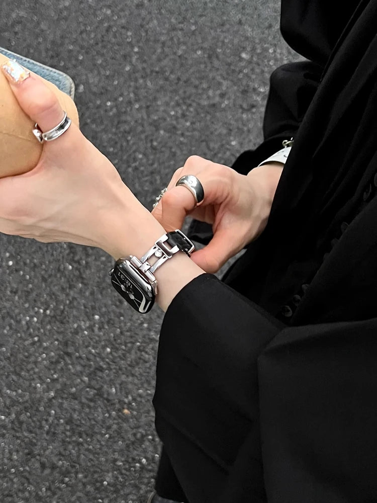 Luxury Leather band For Apple Watch Ultra 10 9 8 7 6 SE 5 4 Slim metal band For Apple Watch 38mm 40mm 42mm 44mm 45mm 46mm 49mm