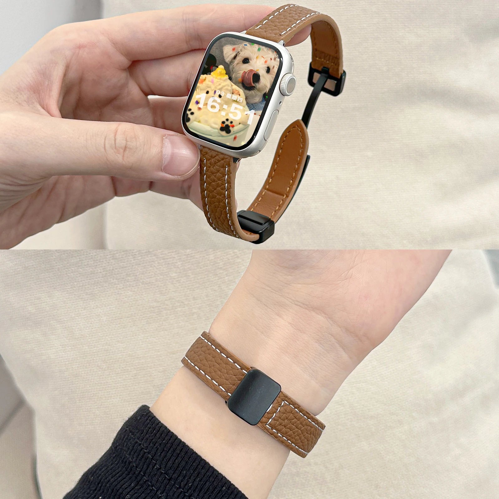 Folding Slim Leather Magnetic watch band For Apple Watch 10 11 42mm 46mm SE 44mm 40mm 9 8 7 41mm 45mm band 6 5 4 band For Apple Watch