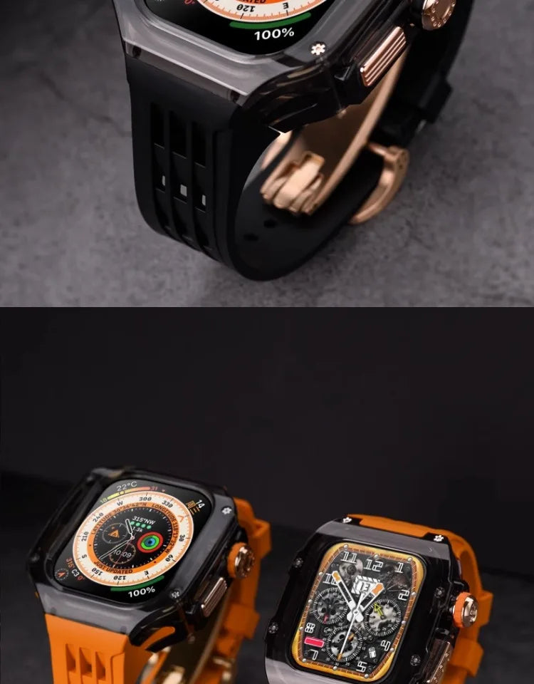 Transparent Luxury Case for Apple Watch Ultra 49mm 45mm 44mm , Stainless Steel Buckle band for Apple Watch 8 7 6 5 4 DIY Modification
