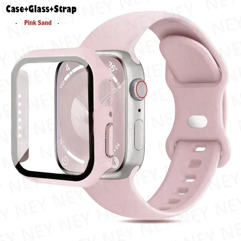 Glass+Case+band For Apple Watch band 41mm 44mm 38mm 42mm 45mm 40mm Silicone band Apple Watch serises 9 8 3 4 5 6 SE 7 watchbands