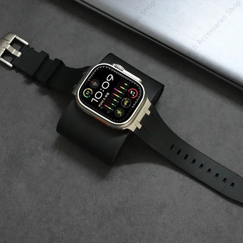 Titanium Color metal Head Silicone band for Apple Watch Ultra 2 49mm 45mm 44mm 42mm Rubber band for Apple Watch Series 9 8 7 6 5 4 SE 3