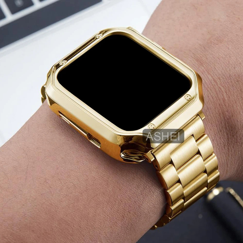 2in1 For Apple Watch 45mm 44mm 42mm 41mm 40mm 38mm band+case Apple Watch Ultra 2 49mm 9 8 7 6 SE Stainless steel band silicone case