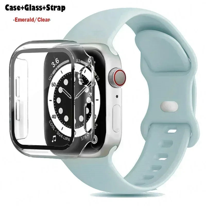 Glass+Case+band For Apple Watch band 41mm 44mm 38mm 42mm 45mm 40mm Silicone band Apple Watch serises 9 8 3 4 5 6 SE 7 watchbands