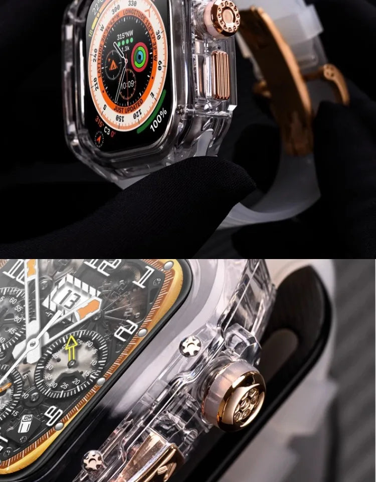 Transparent Luxury Case for Apple Watch Ultra 49mm 45mm 44mm , Stainless Steel Buckle band for Apple Watch 8 7 6 5 4 DIY Modification