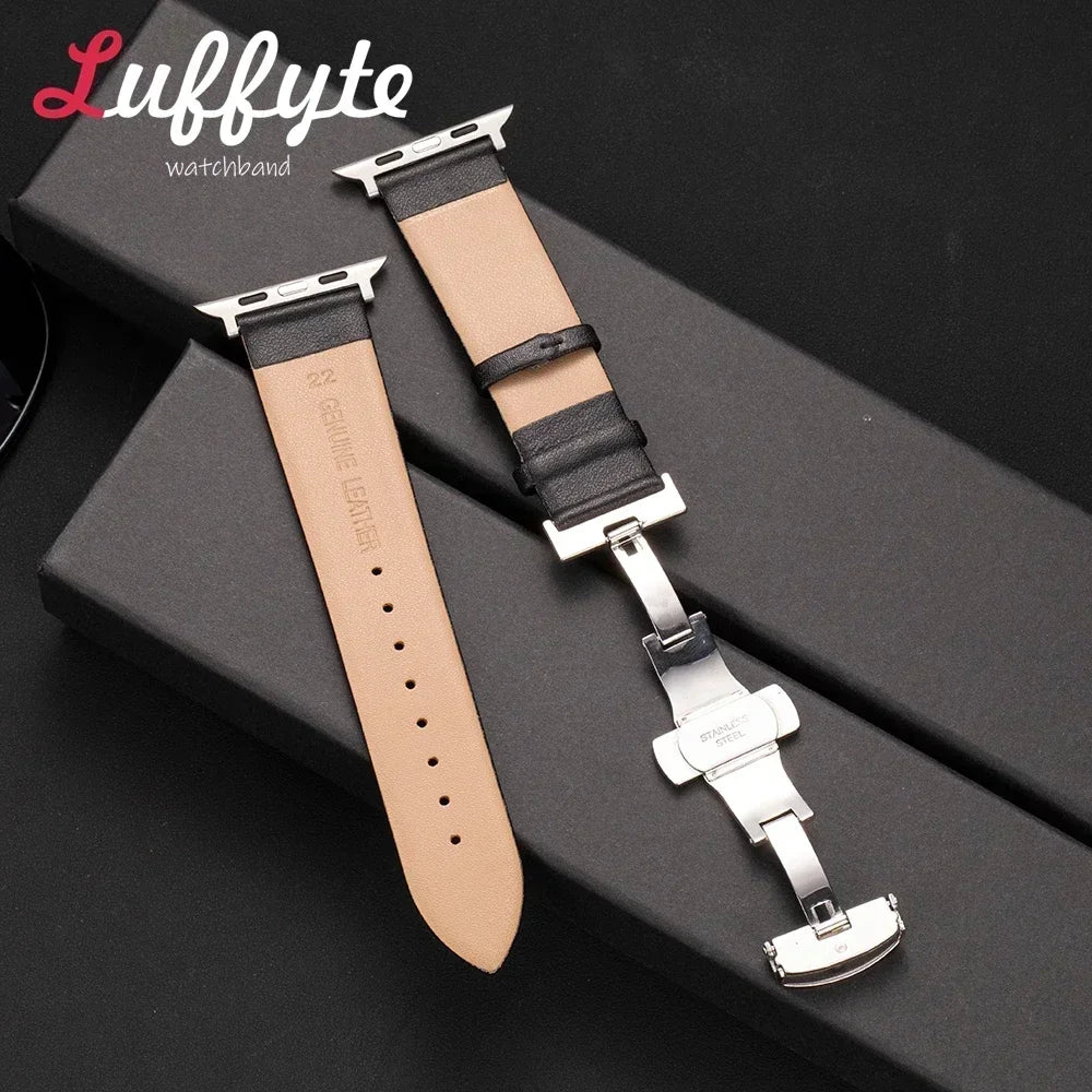 Ultra thin Leather band For Apple Watch 1 10 Ultra SE 2 WristBand with Butterfly Buckle For Apple Watch 38mm 40mm 41mm 42mm 44mm 45mm 46mm 4