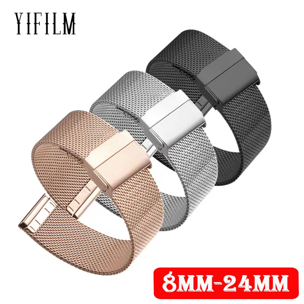 8mm 10mm 12mm 14mm 15mm 16mm 20mm 24mm Stainless Steel Watch Strap Straight End Bracelet Mesh Buckle Milanese Loop Band
