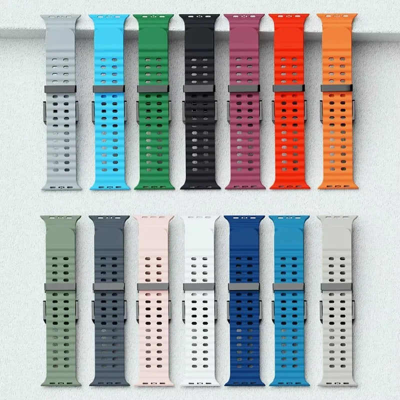 Metal Buckle+Ocean Silicone band For Apple Watch Ultra 3 2 1 49mm band wristband Apple Watch 11 10 46mm 9 8 7 45mm 6 5 SE 44mm