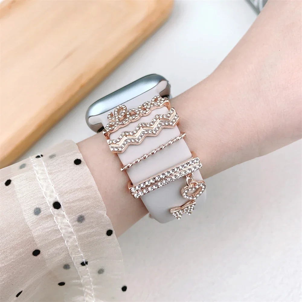5pcs Decoration Ring For Apple Watch band Series 10 8 7 9 6 Diamond Jewelry Charms for Samsung Huawei Silicone band accessories