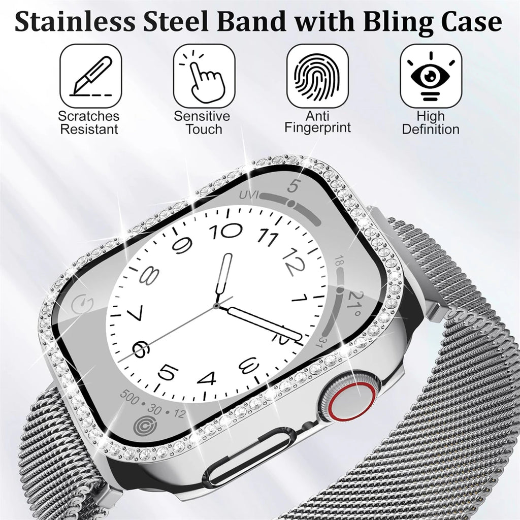 Milanese Loop+ case for Apple Watch Series 44mm 45mm 40mm 41mm 46mm 42mm diamond cover+band Apple Watch 9 8 7 6 5 4 10 Ultra 49mm band