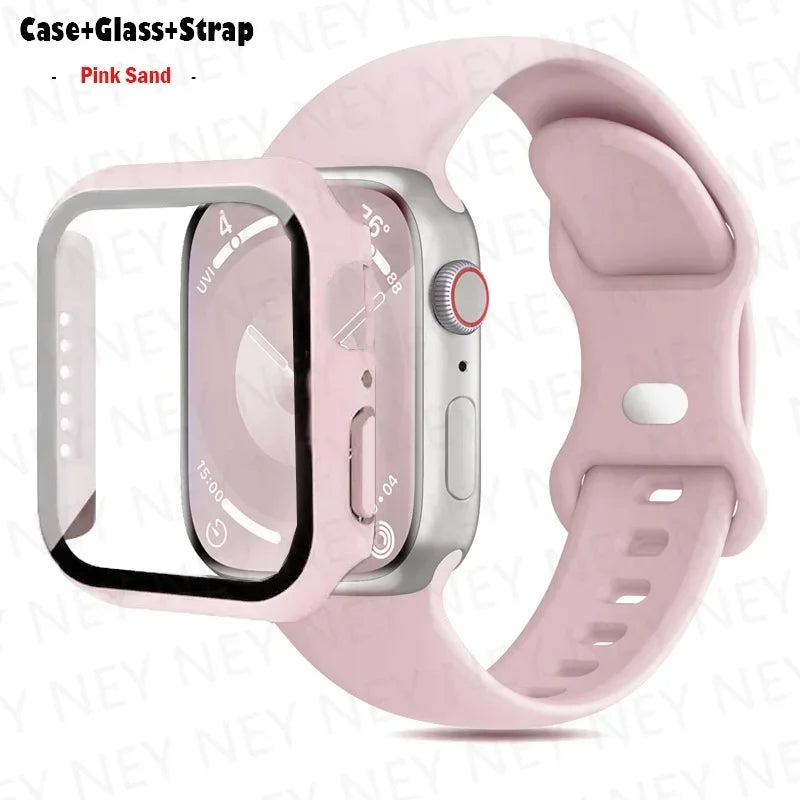 Glass+Case+band For Apple Watch band 44mm 41mm 45mm 40mm 38mm 42mm Silicone band Apple Watch serises 9 8 3 4 5 6 SE 7 watchbands