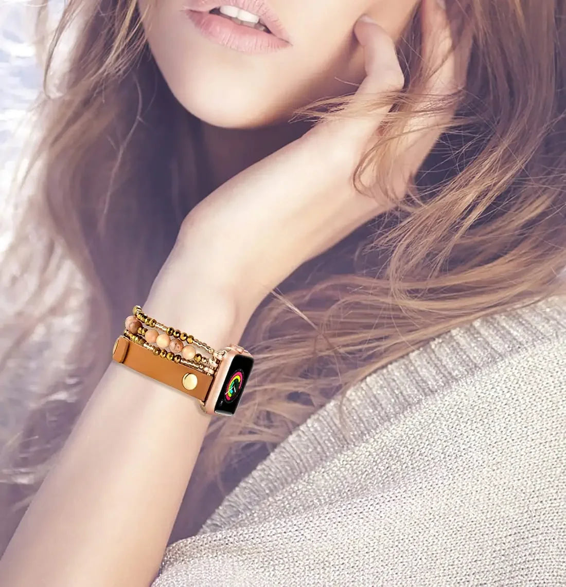 Beaded band For Apple Watch Ultra band 49mm 46mm 42mm 45mm 44mm 41mm Women Elastic Leather band Apple Watch Series 10 9 8 7 6 SE 5