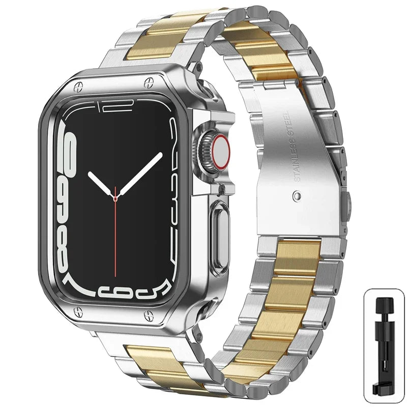 Golden band for Apple Watch Ultra band 49mm 45mm 44mm Stainless Steel band and Armor TPU Case Apple Watch 9 8 7 41mm SE 6 40mm
