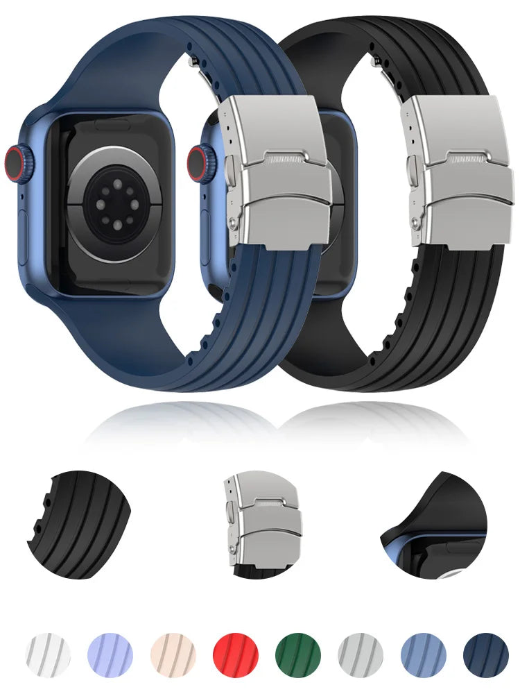 Soft Silicone band For Apple Watch band 44mm 40mm 49mm 42mm 41mm 45mm metal Sport Wristband for Apple Watch Ultra 9 8 7 6 5 4 3 SE