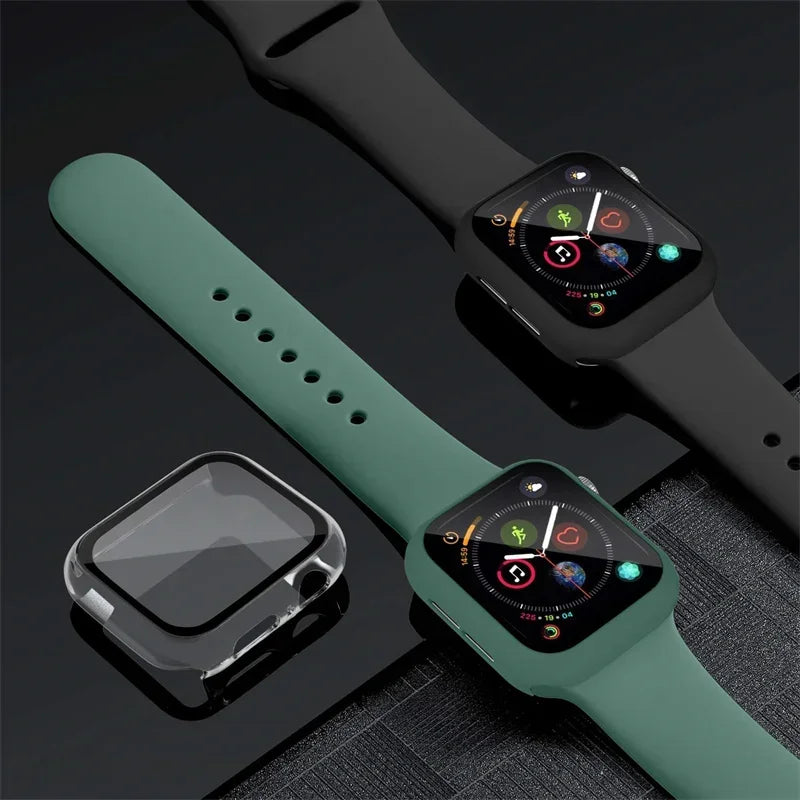 Glass+Case+band For Apple Watch band 44mm 41mm 45mm 40mm 38mm 42mm Silicone band Apple Watch serises 9 8 3 4 5 6 SE 7 watchbands
