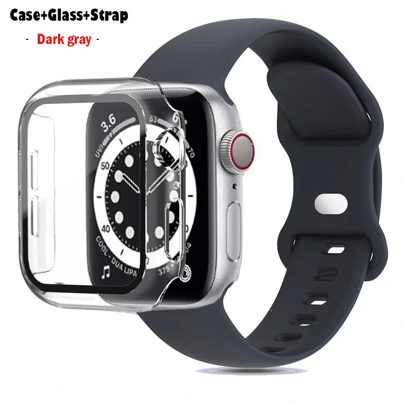 Glass+Case+band For Apple Watch band 44mm 40mm 45mm 41mm 38mm 42mm 44mm sport Silicone band Apple Watch Series 9 8 7 6 5 4 SE