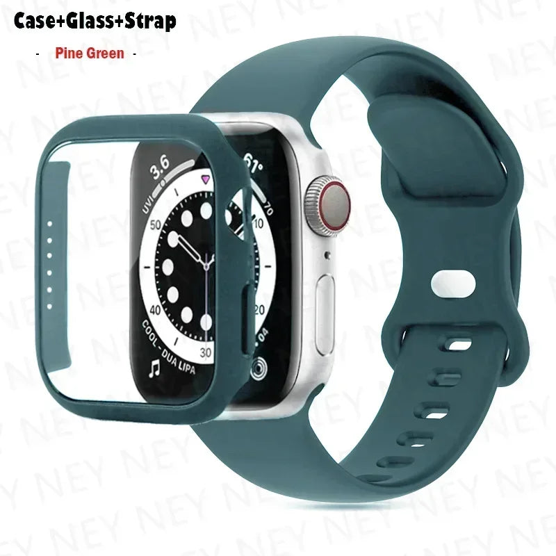 Glass+Case+band For Apple Watch band 41mm 44mm 38mm 42mm 45mm 40mm Silicone band Apple Watch serises 9 8 3 4 5 6 SE 7 watchbands