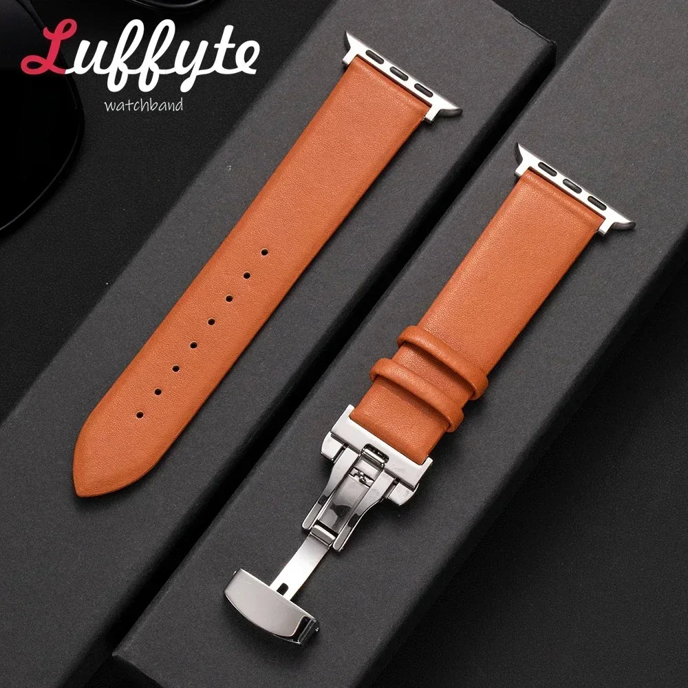 Ultra thin Leather band For Apple Watch 1 10 Ultra SE 2 WristBand with Butterfly Buckle For Apple Watch 38mm 40mm 41mm 42mm 44mm 45mm 46mm 4
