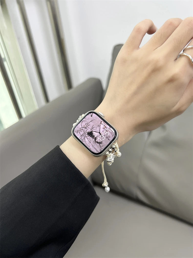 Ins Pearl Flowers band For Apple Watch Series 9 8 7 6 SE 4 5 45mm 44mm 42mm Woven Nylon band Apple Watch Ultra 2 49mm 40mm 38mm Woman