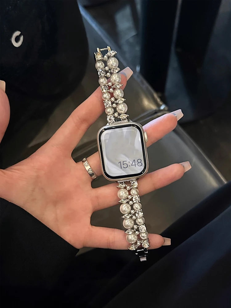 Luxury Diamond band For Apple Watch Ultra 10 9 8 7 6 5 4 Woman Pearl band For Apple Watch 38mm 40mm 41mm 42mm 45mm 46mm 49mm
