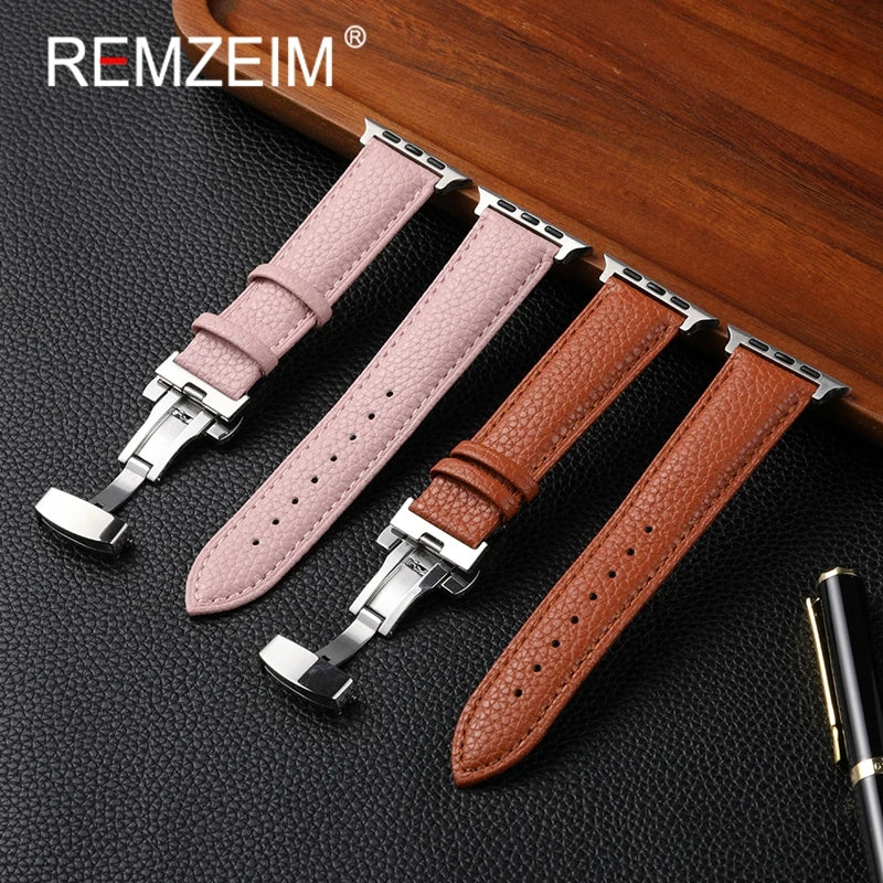 Leather Smartwatch band for Apple Watch 1 10 SE Ultra Butterfly Buckle Replacement band Fits 49mm 46mm 45mm 44mm and 42mm 41mm 40mm 38mm