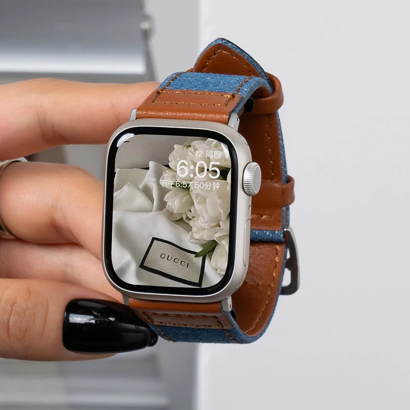 Suitable for Apple Watch band denim leather Apple Watch SE 49mm high quality wristband 40mm 38mm 44mm 41mm 42mm 45mm Ultra9 8 7 6 54 band