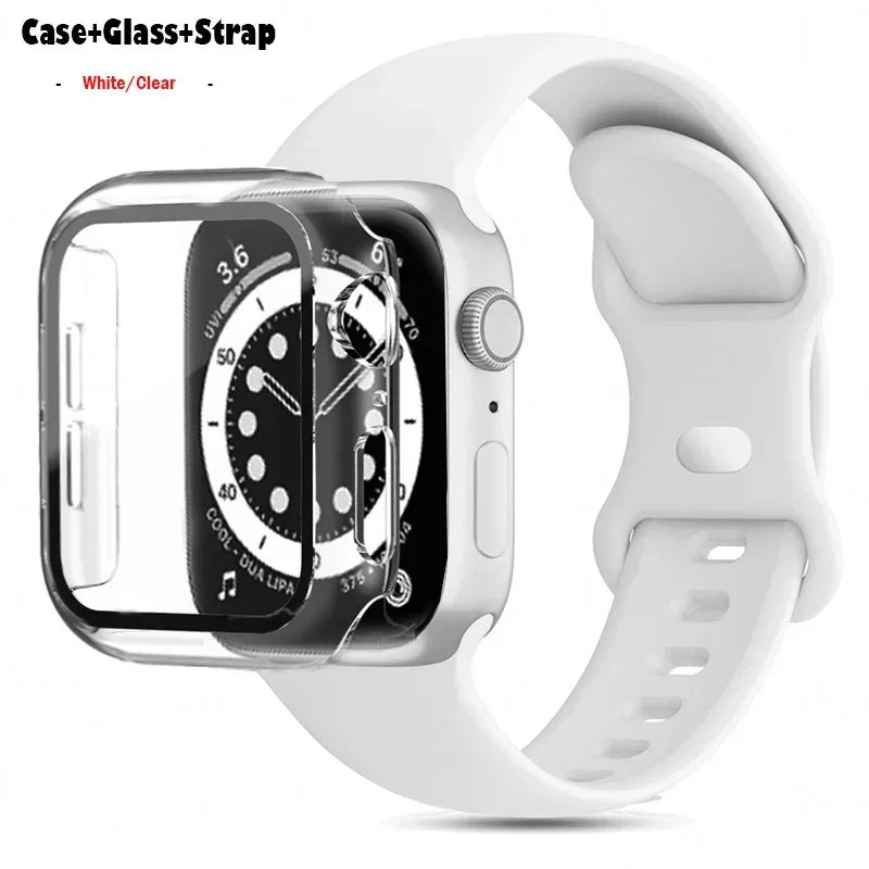 Glass+Case+band For Apple Watch band 44mm 41mm 45mm 40mm 38mm 42mm Silicone band Apple Watch serises 9 8 3 4 5 6 SE 7 watchbands
