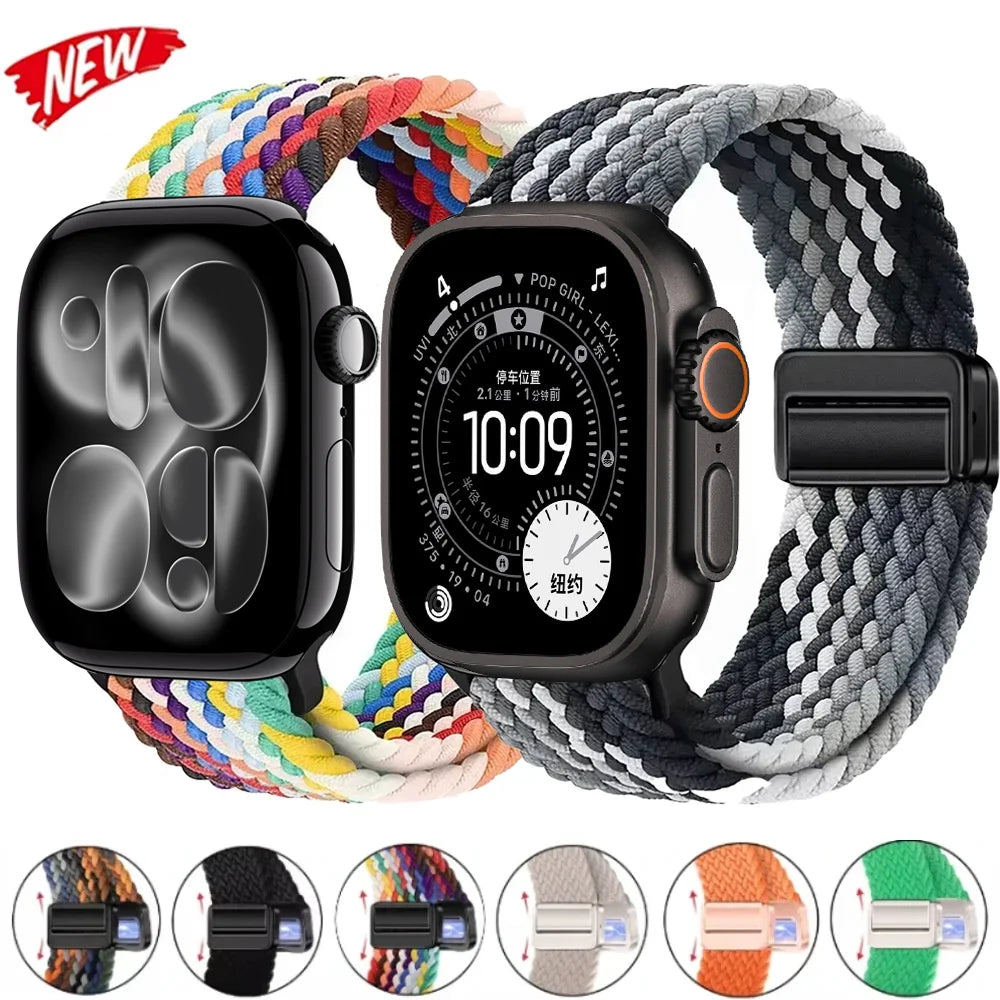 Nylon Braided Loop band for Apple Watch Ultra 3 2 49mm 11 10 42mm 46mm 9 8 7 45mm 41mm Magnetic band Apple Watch 6 5 SE 44mm 40mm band