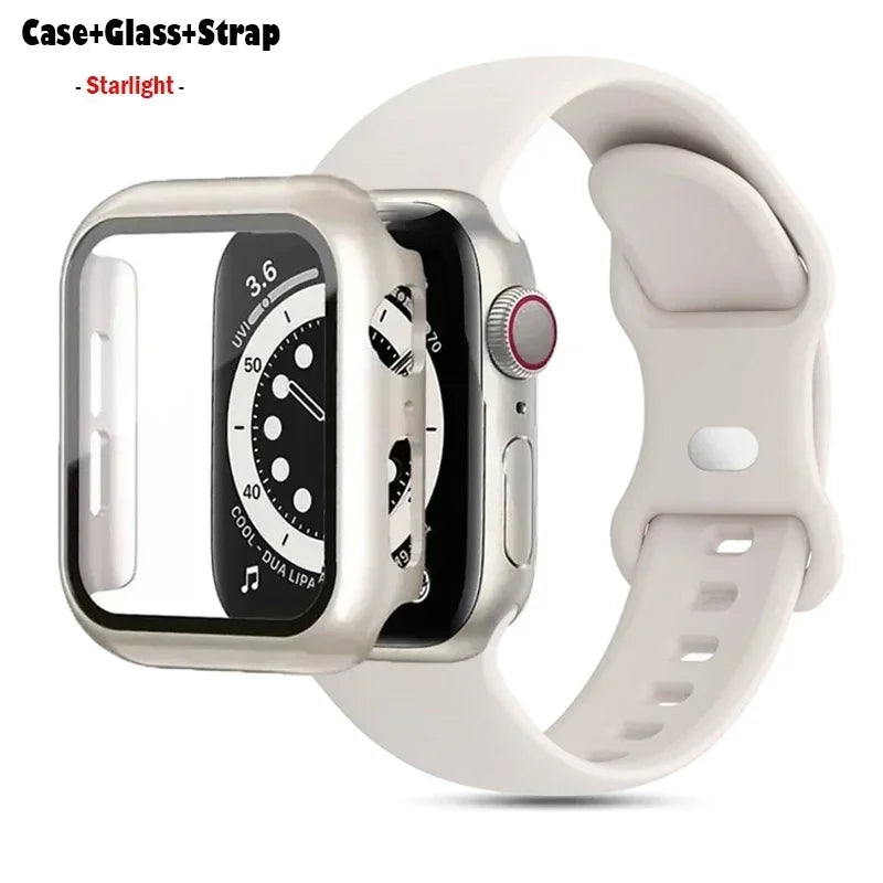 Glass+Case+watchbands For Apple Watch band 44mm 41mm 45mm 40mm 38mm 42mm Silicone band Apple Watch serises 9 8 4 5 6 SE 7 band