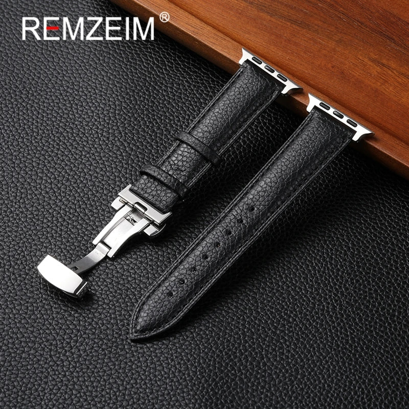 Leather Smartwatch band for Apple Watch 1 10 SE Ultra Butterfly Buckle Replacement band Fits 49mm 46mm 45mm 44mm and 42mm 41mm 40mm 38mm